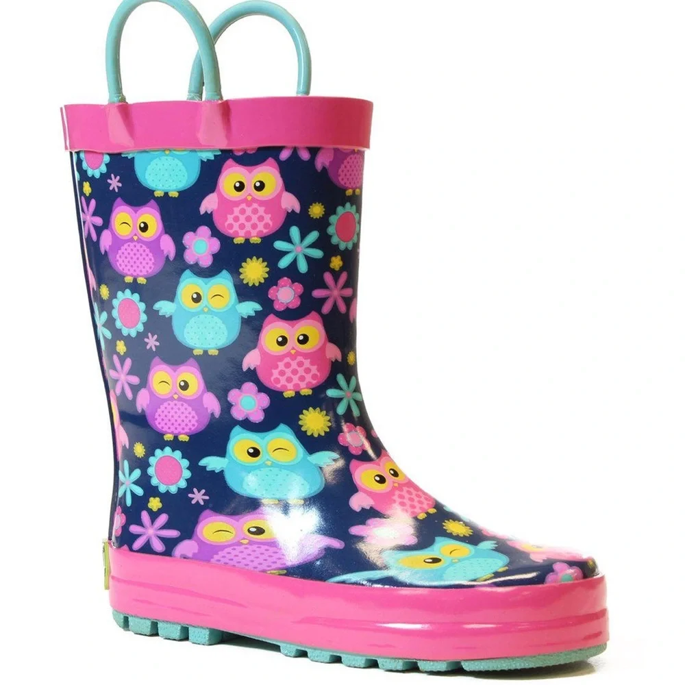 NEW!! Girls Western Chief Flower Owls Rain Boots Size 4(big girls)